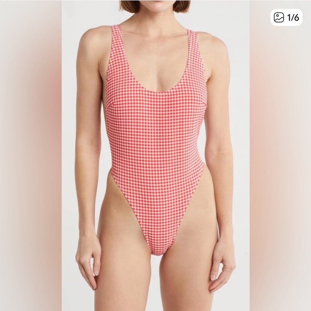 Good American Red and White Check One-Piece Swimsuit High-Cut NWT Small